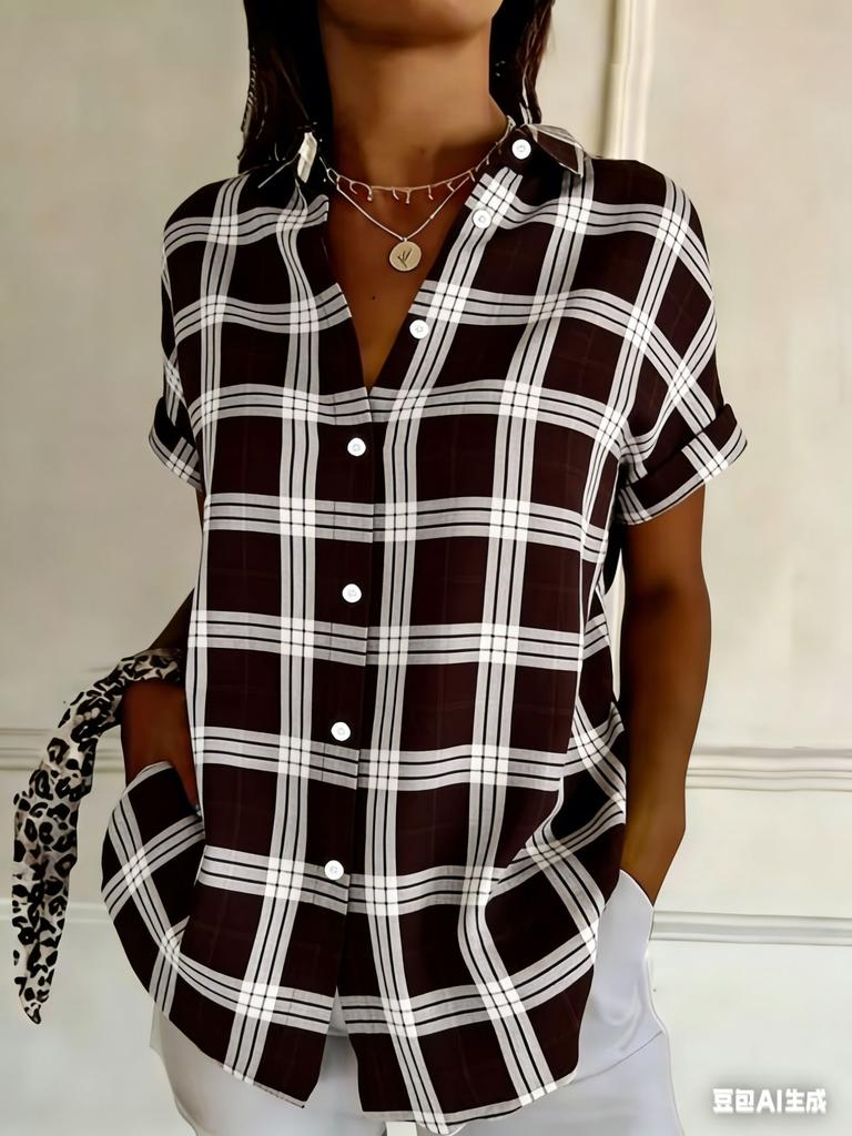 Women's Brown & White Gingham Plaid Print Button Down Shirt, Casual Collared Tops for Spring Summer Daily Vacation Wear