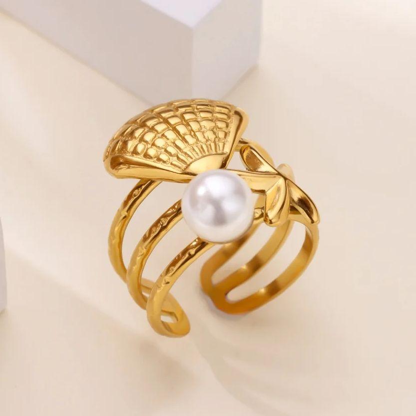 Starfish Shell Pearl Rings For Women Gold Color Stainless Steel Shell Pearl Adjustable Ring Party Christmas Vintage Jewelry Gift