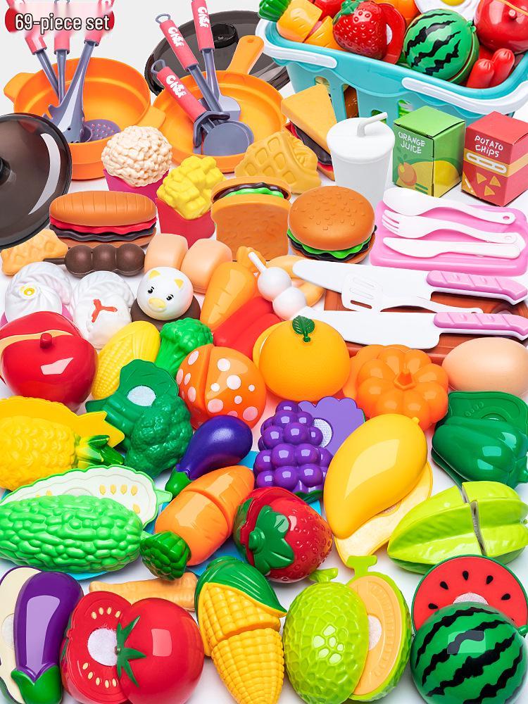 Kids' Pretend Play Kitchen & Shopping Cart Set with Cuttable Fruit and Veggies