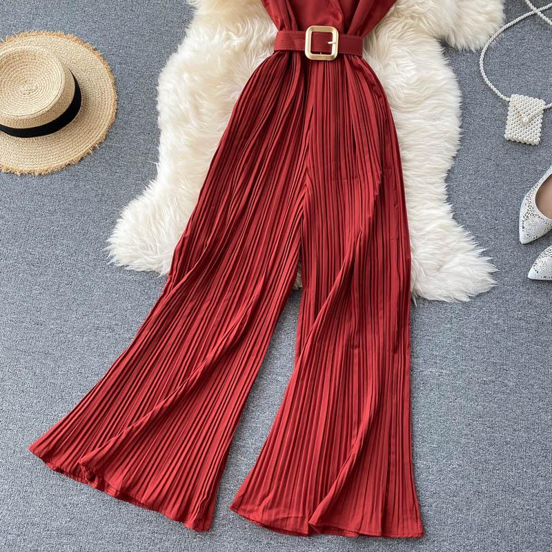 Women Jumpsuits Pleated High Waist Flared Wide Leg Pants Spring Summer Jumpsuit