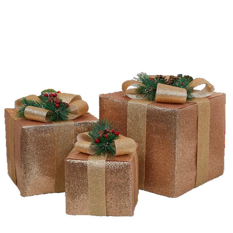 Luminous Wrought Iron Christmas Gift Box Decoration Set with Lights