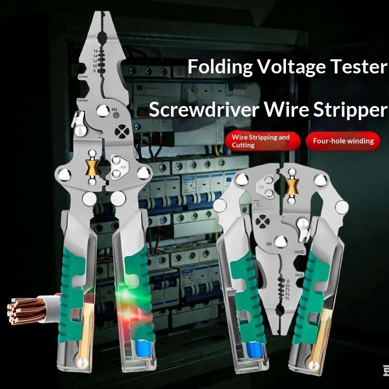Foldable Wire Stripping Pliers Multi-purpose Voltage Testing Cable Cutting Crimping Tool for Household Wiring Maintenance