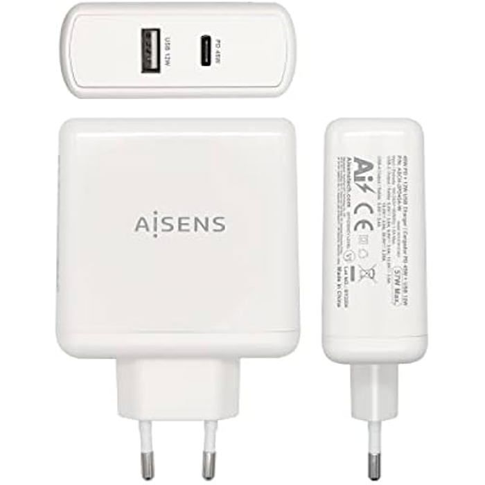 AISENS - ASCH-2PD45A-W - Chargeur PD 3.0 45W 1XUSB-C, 5V/2.4A 12W 1XUSB-A, 57W, Blanc