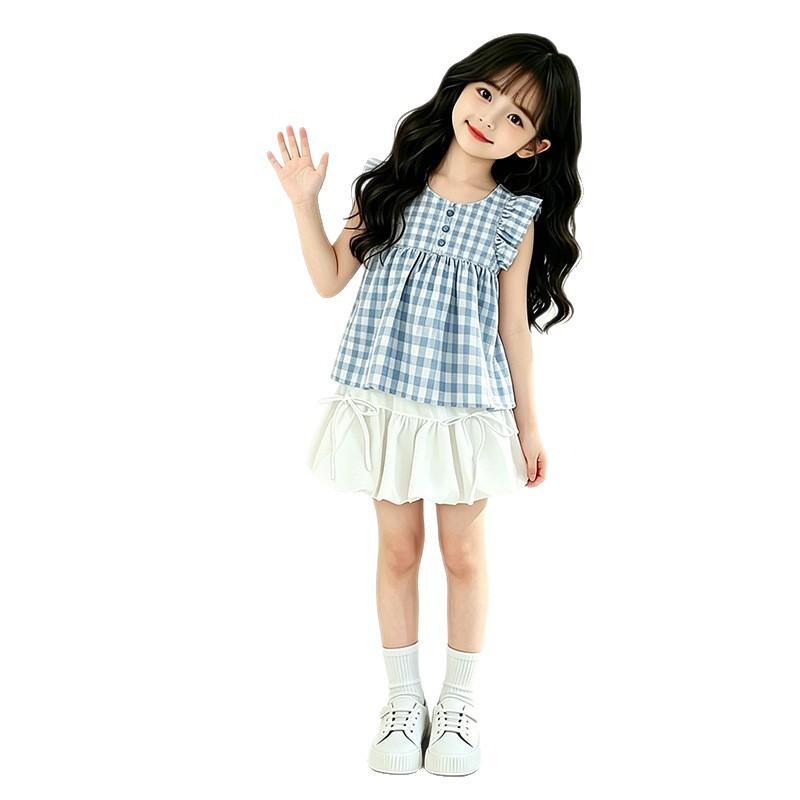 Girls Summer Plaid Two Piece Set Flutter Sleeve Doll Top And Bud Skirt Fashion Outfit For Big Kids