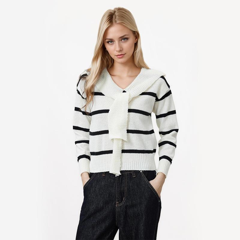 

Женский полосатый стеганый свитер с длинным рукавом и V-образным вырезом, повседневный трикотаж one size белый