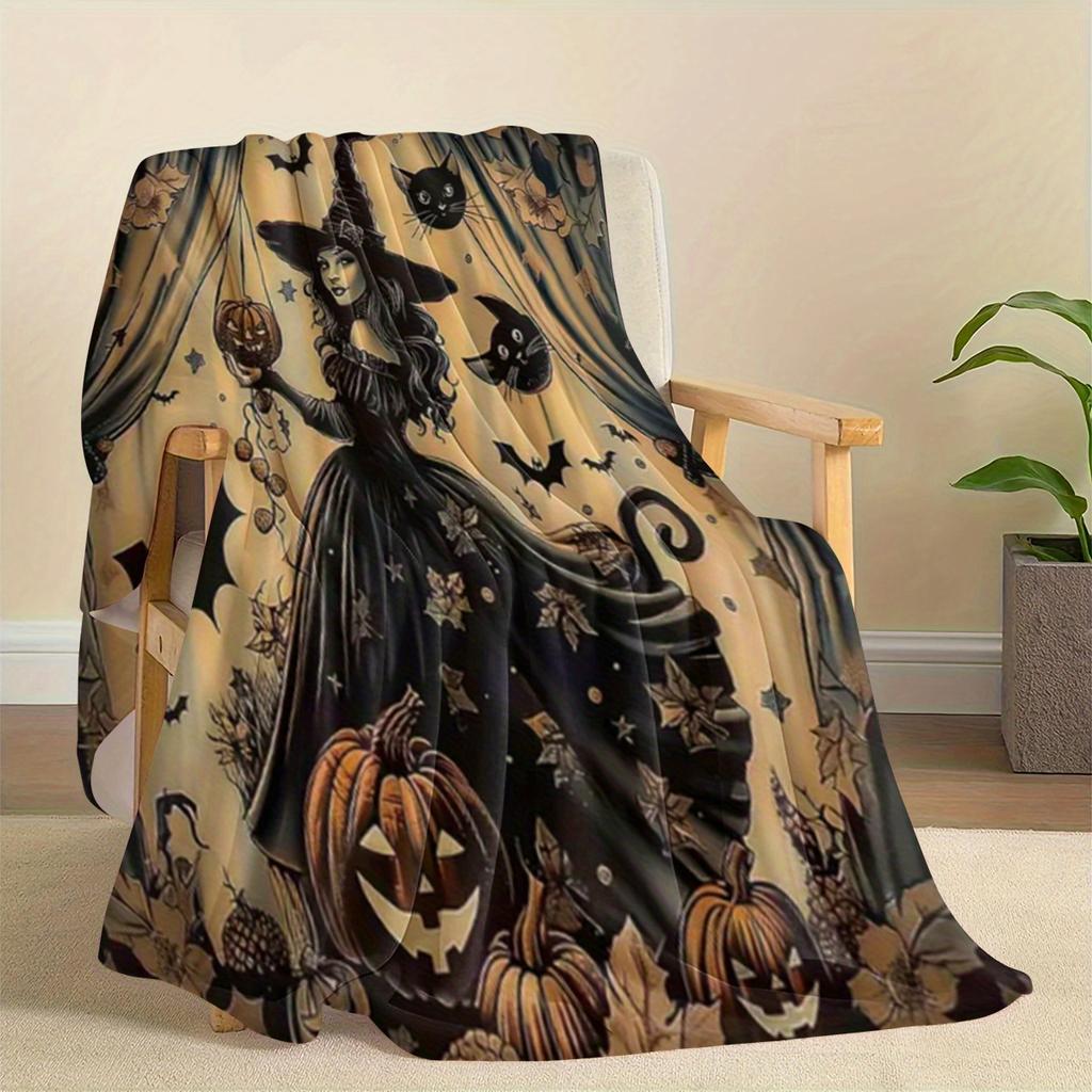 Custom Halloween Blanket Witch Pumpkin Black Cats Bats Design Personalized Name Fleece Throw All Season Soft Warm Bedding Home