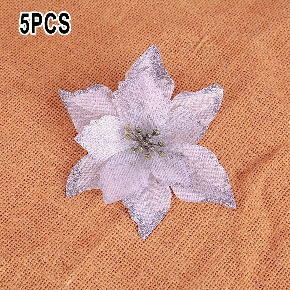 5/24PCS Glitter Artificial Poinsettia Christmas Tree Ornament Home Decor Flower