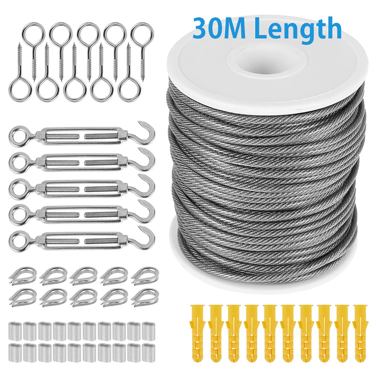 Stainless Steel Cable Wire Rope Kit with Hooks 30m Wire Cable Rope Garden Wire Railing, Outdoor Tent Rope, Cable Hanging Kit серый