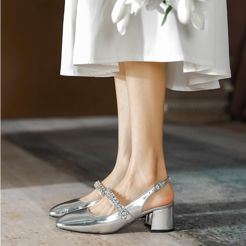 

Silver bag head sandals women s 2025 summer new rhinestone one-word buckle empty high heels golden thick heel Mary Jane 39 серебряный