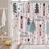 Funny Nutcracker Cartoon Christmas Shower Curtain with Gray White Tree Stars Pink Pattern,  Holiday Bathroom Decor for Winter
