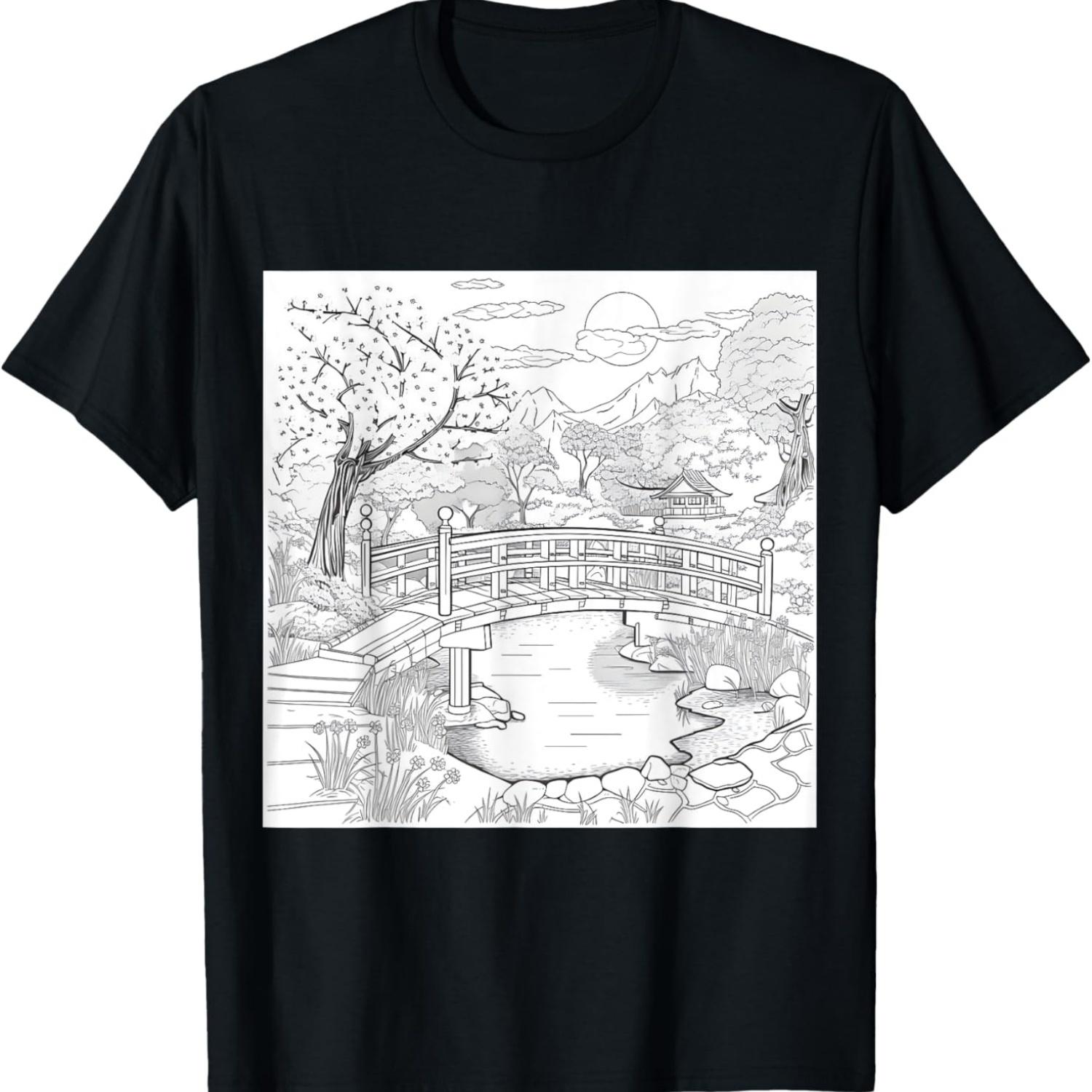 Nighttime romance Black and White Art Cherry blossom bridge T-Shirt(1) S чёрный