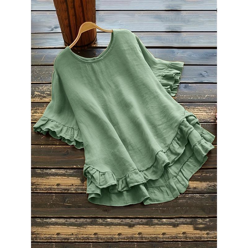 Cross2026 Women's Loose Ruffle Short Sleeve Button-Up Round Neck Shirt