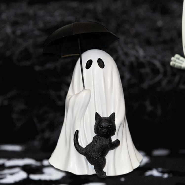Estatueta Miniatura de Gatos Fantasmagóricos e Pretos Resinas Ornamento Halloween Decorações Góticas Para Compactos Espaço de Convivência Escritório Área de Trabalho