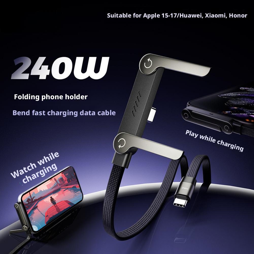2-in-1 Invisible Holder Charger Cable, 240W Fast Charging Cord with Built-in Folding Phone Stand, Type-C Cable for iPhone Gaming