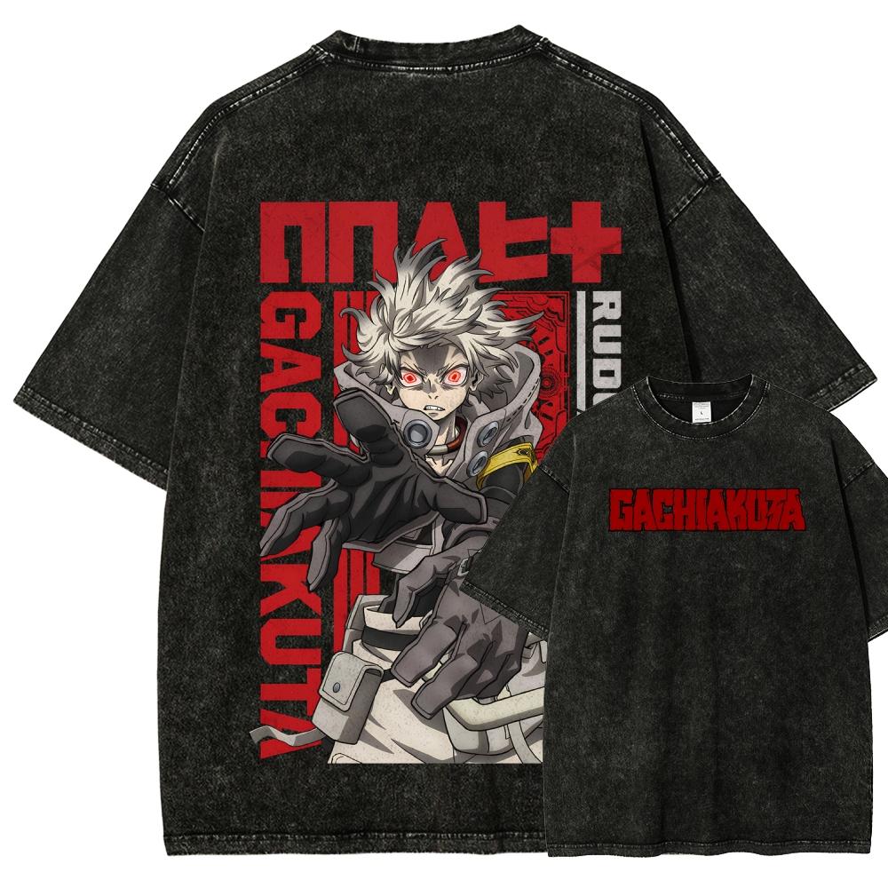 Gachiakuta Enjin Print Washed Oversized T-shirt Men Women Japanese Anime Manga Graphic Crew Neck Tee Shirt  Short Sleeve Female Male Clothing 