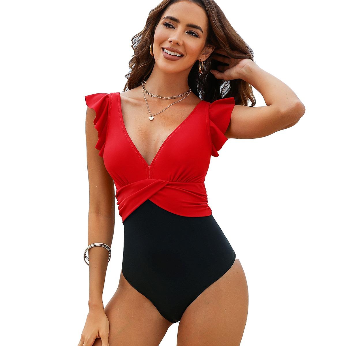 

CHARMLEAKS Цельный купальник с рюшами и рукавами и V-образным вырезом, женский цельный купальный костюм с цветными блоками и рюшами на животе S