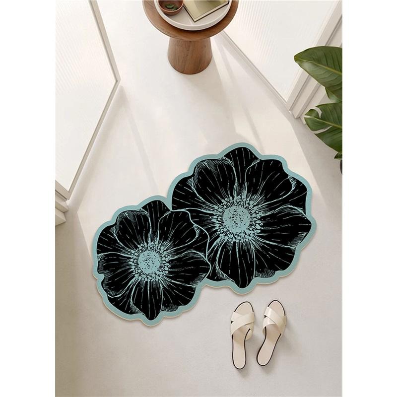 Rose Double Flower Luxury Absorbent Leather Floor Mat Non Slip Bathroom Entrance Mat Home Toilet Mat
