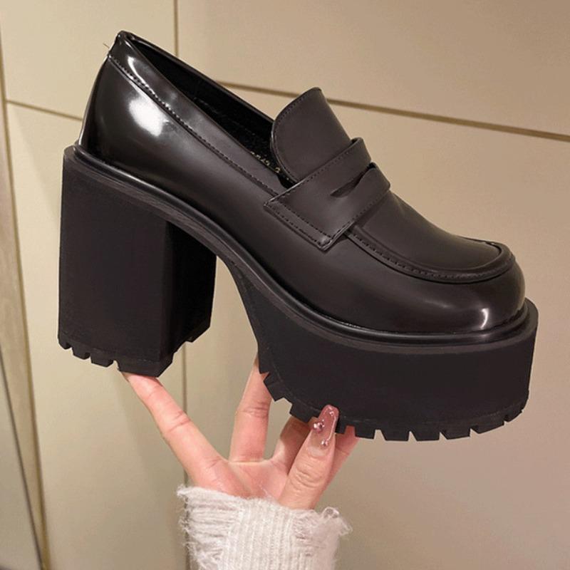Mary Jane Shoes Women Loafers Spring Summer Autumn All-match Thick-soled Thick-heeled Black Round-toe Waterproof Platform PU Leather Shoes High Heels
