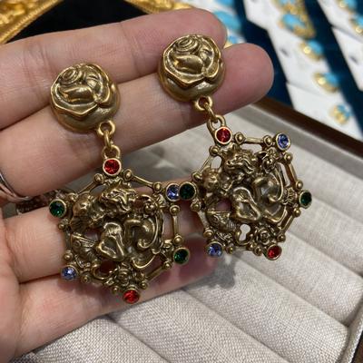 Retro And Old Metal Kiss Angel Earrings, High-End Sense Diamond-Encrusted Rose Stud Earrings, Personalized Exaggerated Earrings For Women