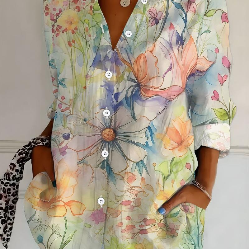 Women's Long Sleeve Printed Blouse Shirt Abstract Floral Print Polyester