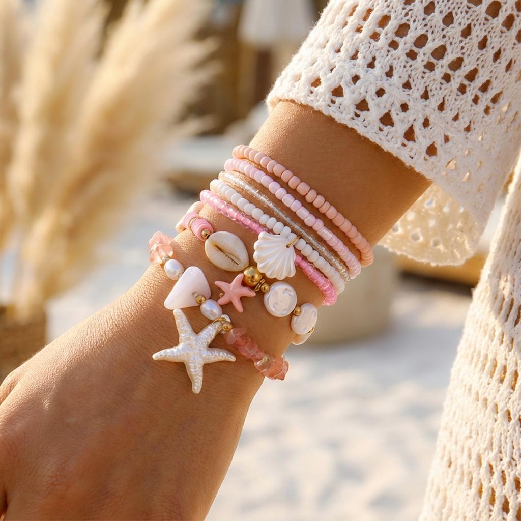 6Pcs Cute Bowknot Heart Bracelet Set For Women Pink Acrylic Beads Imitation Pearl Elastic Bangles Party Daily Sweet Jewelry