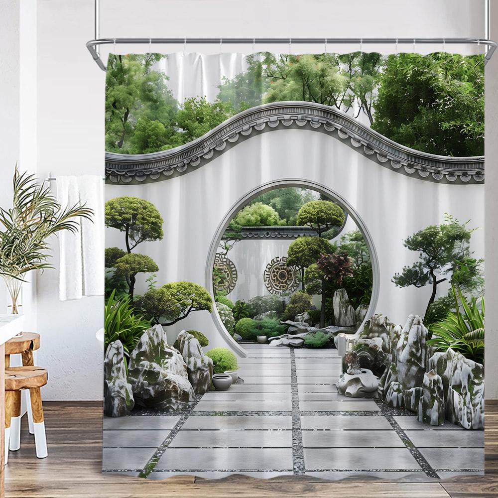 Chinese Courtyard Shower Curtain Arch Door Green Tree Bamboo Yard Path Garden Classical Bathroom Decor Bath Curtain with Hook