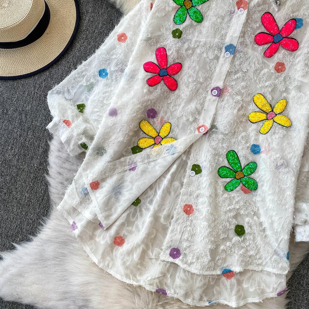 Premium Heavy Industry Diamond Sequined Flower Lapel Lantern Sleeve Shirt Women's Summer Sweet Age-reducing Loose Fringed Top