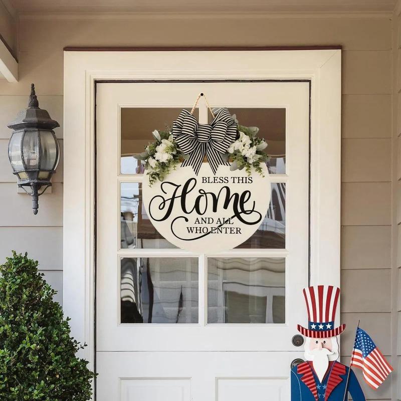 Round Wooden Welcome Hanging Wooden Ornament For Front Door Home Decor Outdoor Fall Decor Welcome Bow Knot Christmas Decoration