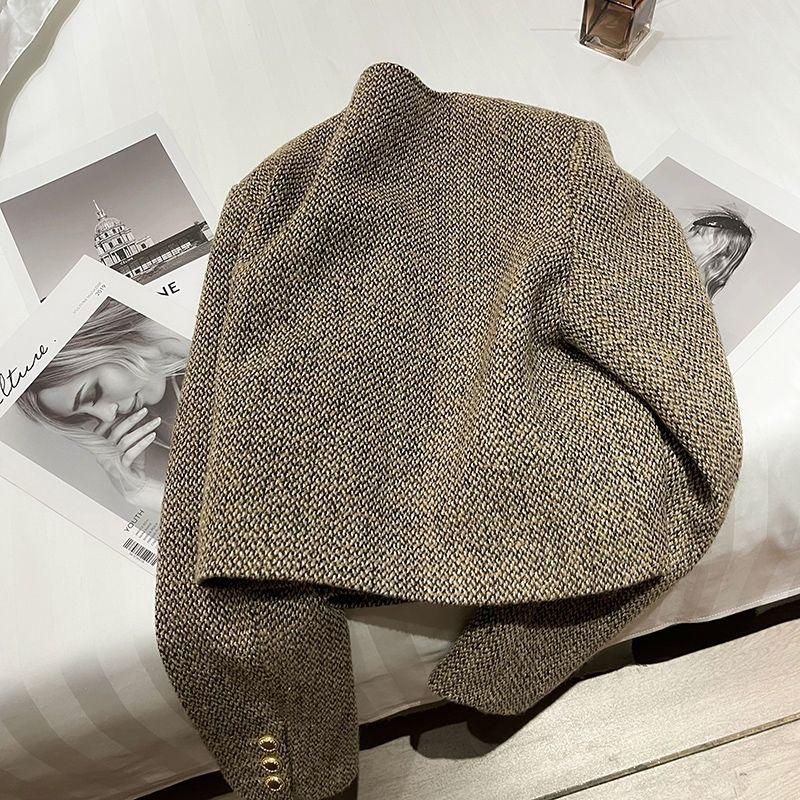 Khaki Woolen Cardigan - 2024 Autumn British Socialite Style for Women