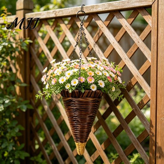 Rattan Hanging Basket Cone Flower Artificial Woven Planter Rustic Conical Plant with Metal Chains for Indoor Outdoor Garden Balcony
