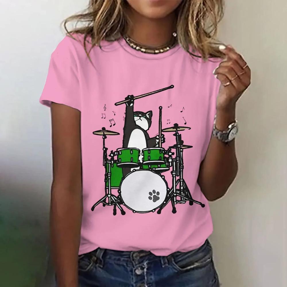 Cute cat 3D printed women's loose round neck short sleeved T-shirt