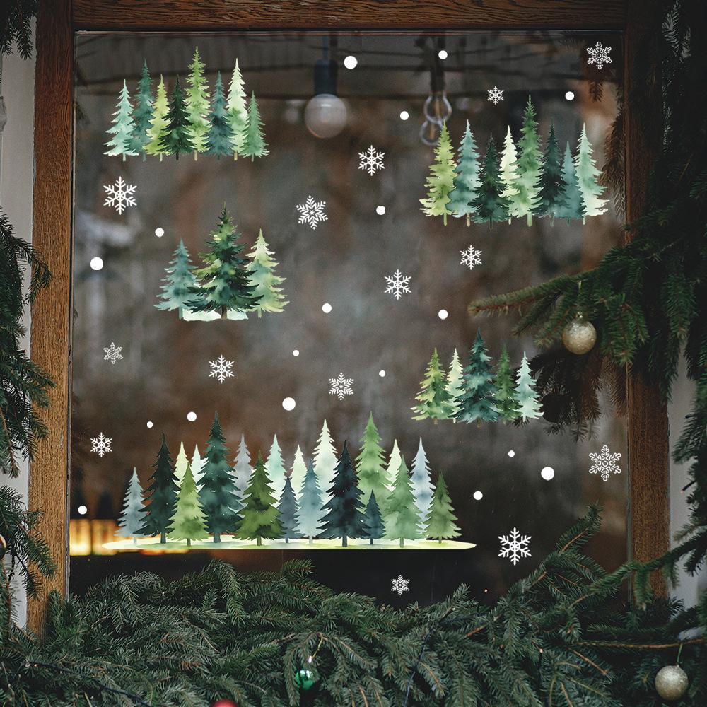 Watercolor Minimalist Fir Snow Festive Atmosphere Decoration for Balcony Glass Windows Beautifying Window Stickers