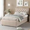 90*200 cm Flat Bed, Upholstered Bed, Nightstand Upholstery with Decorative Studs, Double Drawers, Dark Beige