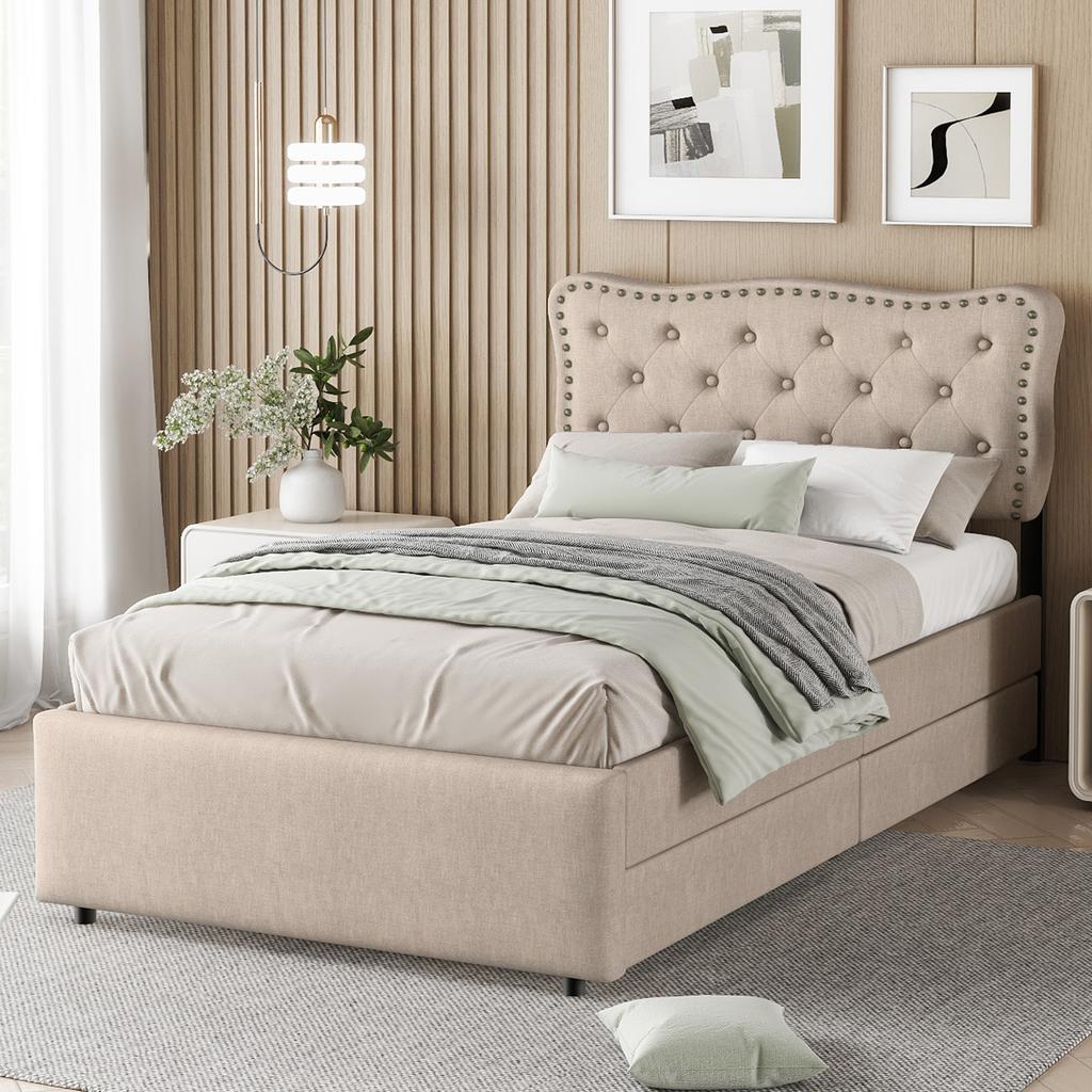 90*200 cm Flat Bed, Upholstered Bed, Nightstand Upholstery with Decorative Studs, Double Drawers, Dark Beige
