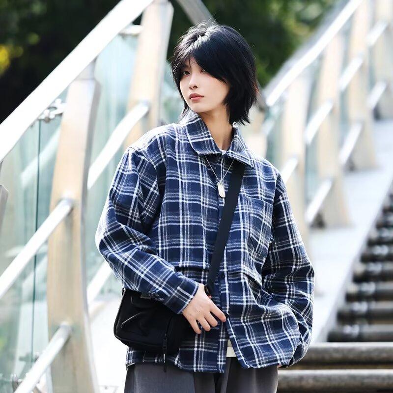 

2024 Весна и осень рубашка с длинными рукавами в клетку мужская повседневная модная брендовая японская гонконгская студенческая корейская модная подростковая куртка 2XL темно-синий