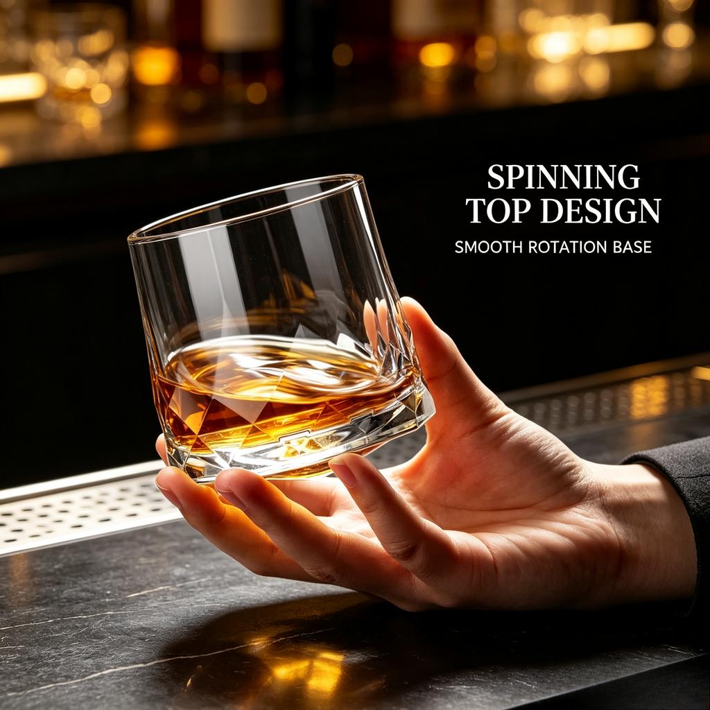 Creative Thick Crystal Whiskey Tumbler with Spinning Top & Hammered Finish - Premium Durable Barware Gift for Home Bar