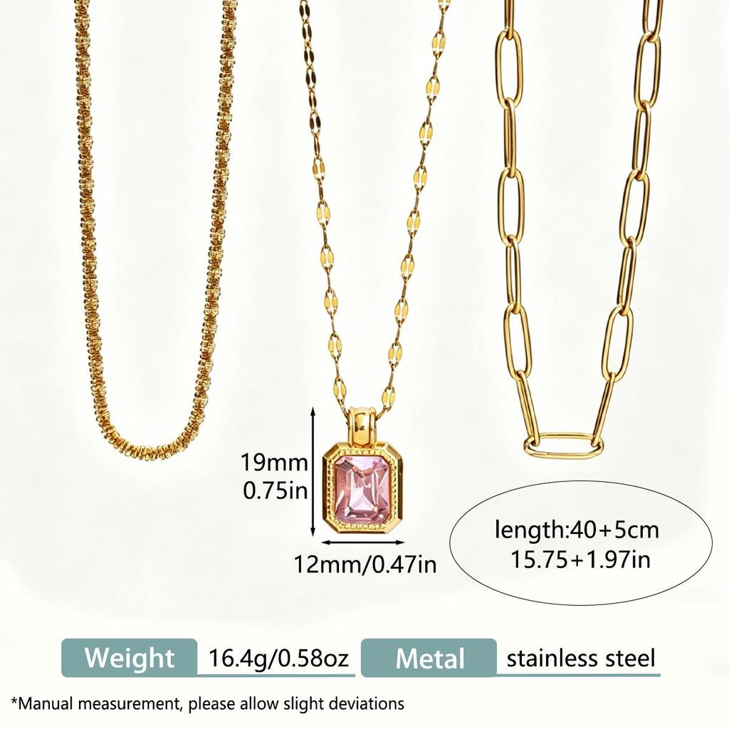 18K Gold Plated Three-Layer European Court Style Clavicle Necklace with Rectangular Cubic Zirconia