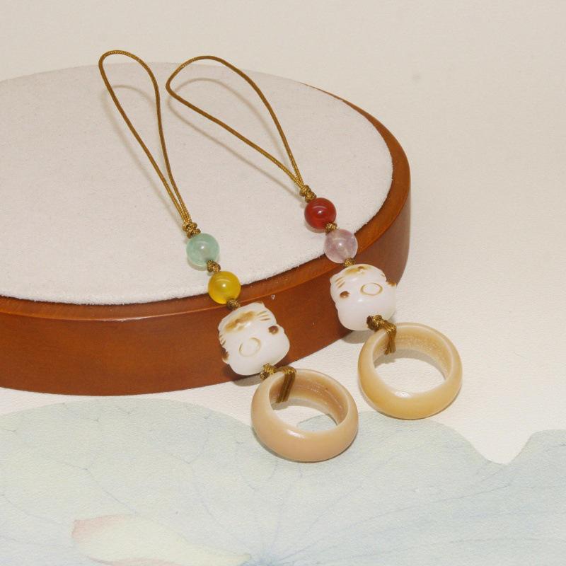 White Bodhi Cute Cat Paw Charcoal Phone Charm - Women's Lucky Cat Lanyard & Ring Pendant