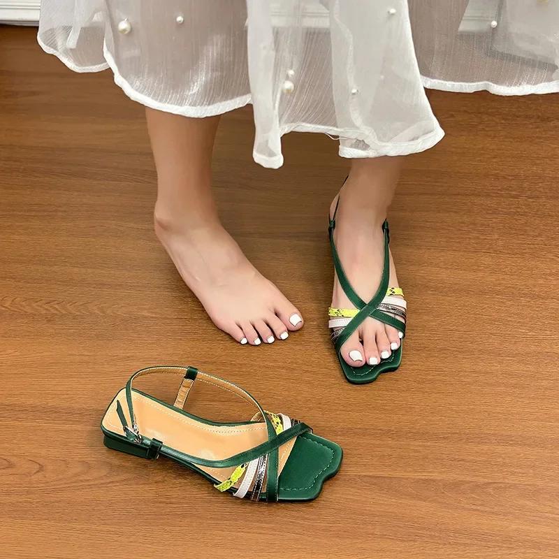 Fashion Women Sandals Soft Leather Handwoven Color Block Square Toe Low Heel Summer Shoes Korean Style 2025 New Fashion Ladies Slippers