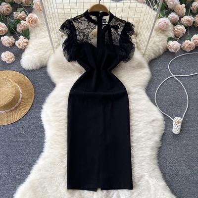 Renda splice preto escritório trabalho vestido estilo francês verão feminino zíper o pescoço elegante senhoras dividir sólido magro bodycon vestidos