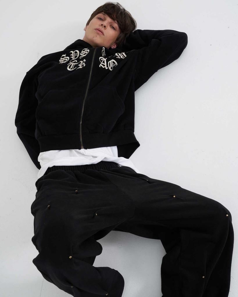 TENER Gold Studded Wide Double-Fleece Pants Black