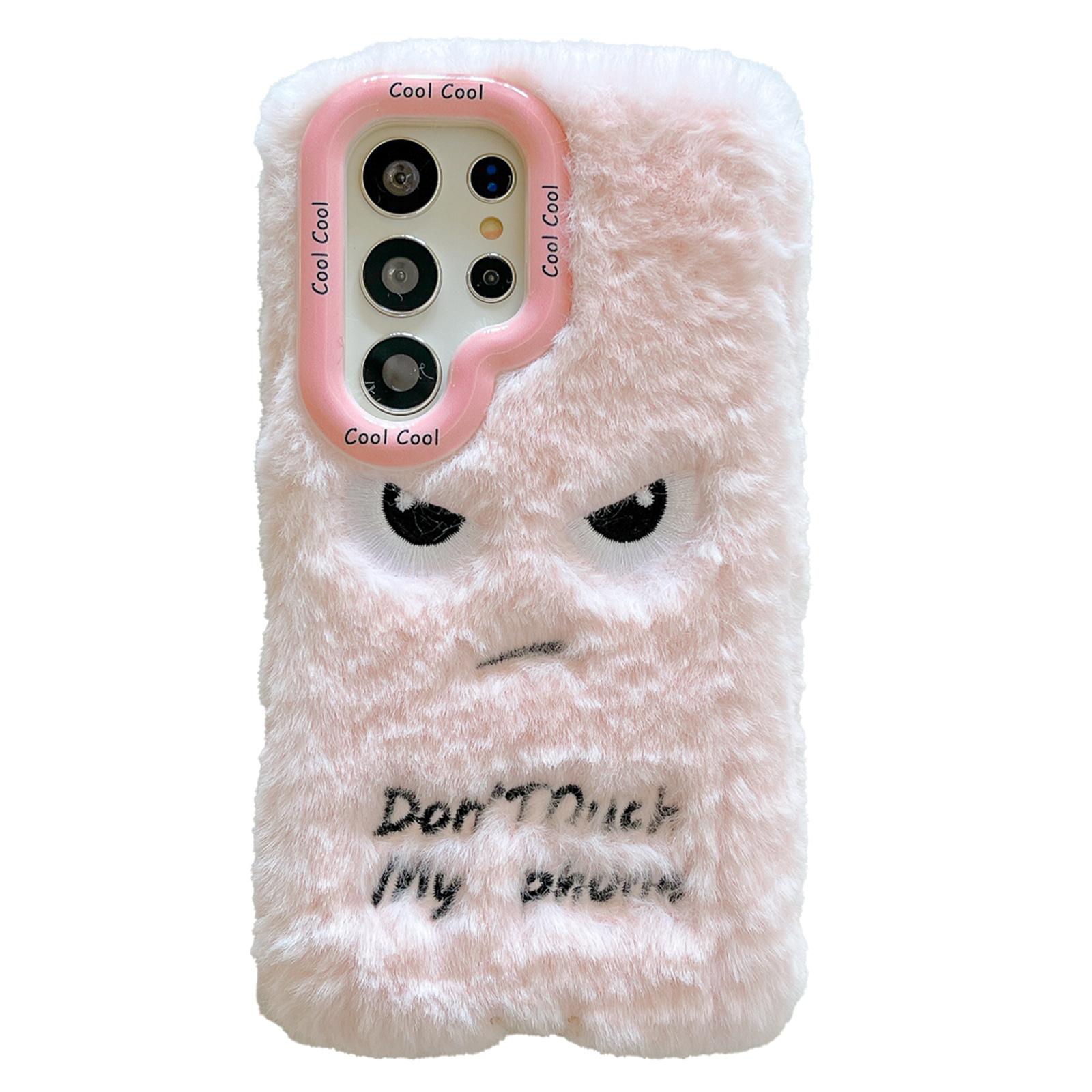

KJS-020 For Samsung Galaxy S24 Ultra Case Lens Kickstand Humorous Face Warm Fluffy TPU Phone Cover Pink