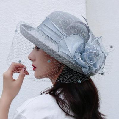 Hat Women's Spring and Summer Mesh Linen Sun Hat Elegant and Fashionable Rolled Edge Top Hat Travel Sun Protection Breathable Sun Hat