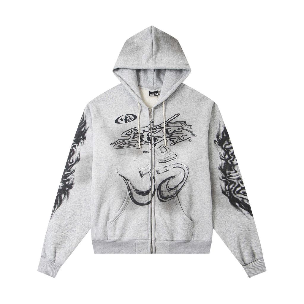 Hellstar Ausgefranster Retro Lockerer Reißverschluss Reiner Baumwoll Hoodie - Amerikanischer Hip Hop Stil