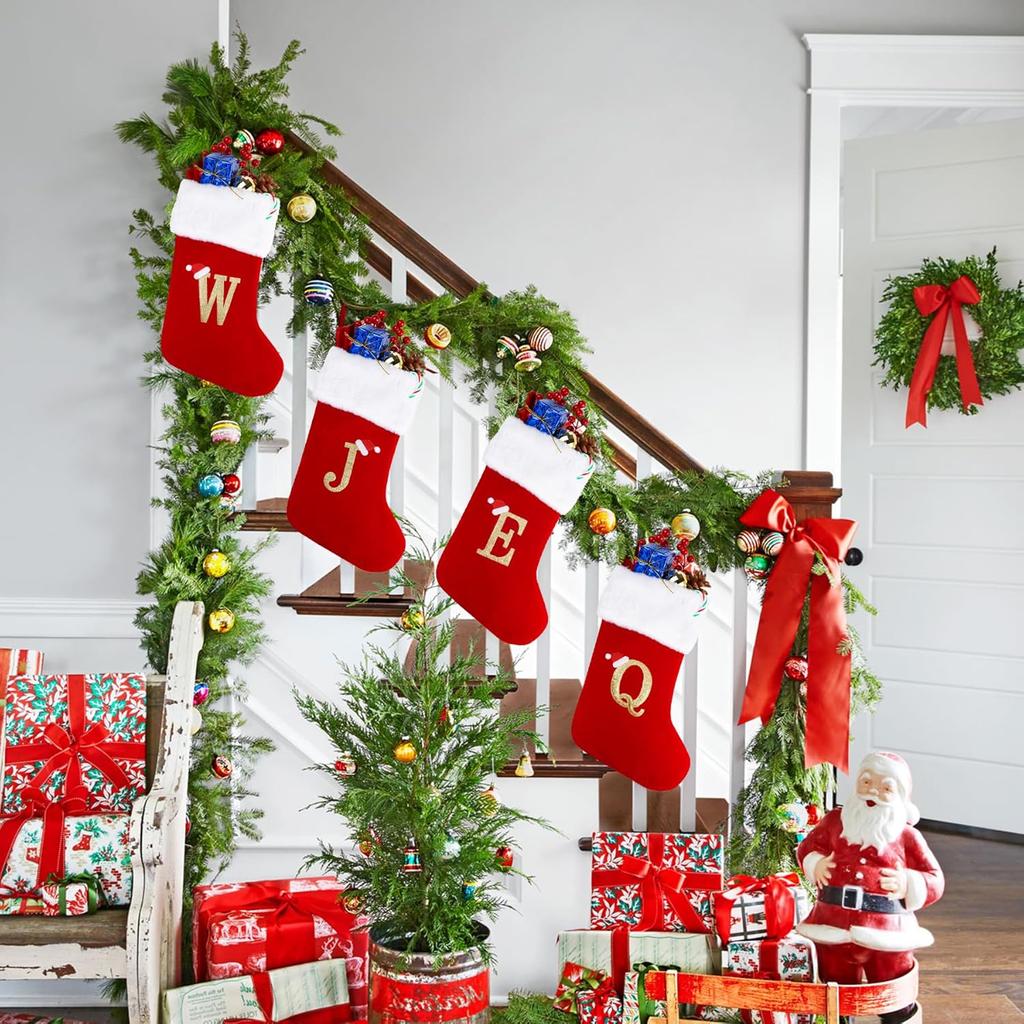 20 Inches Monogram Christmas Stockings with Letters, Large Super Soft Christmas Stockings Red Velvet with White Super Soft Plush Cuff for Christmas