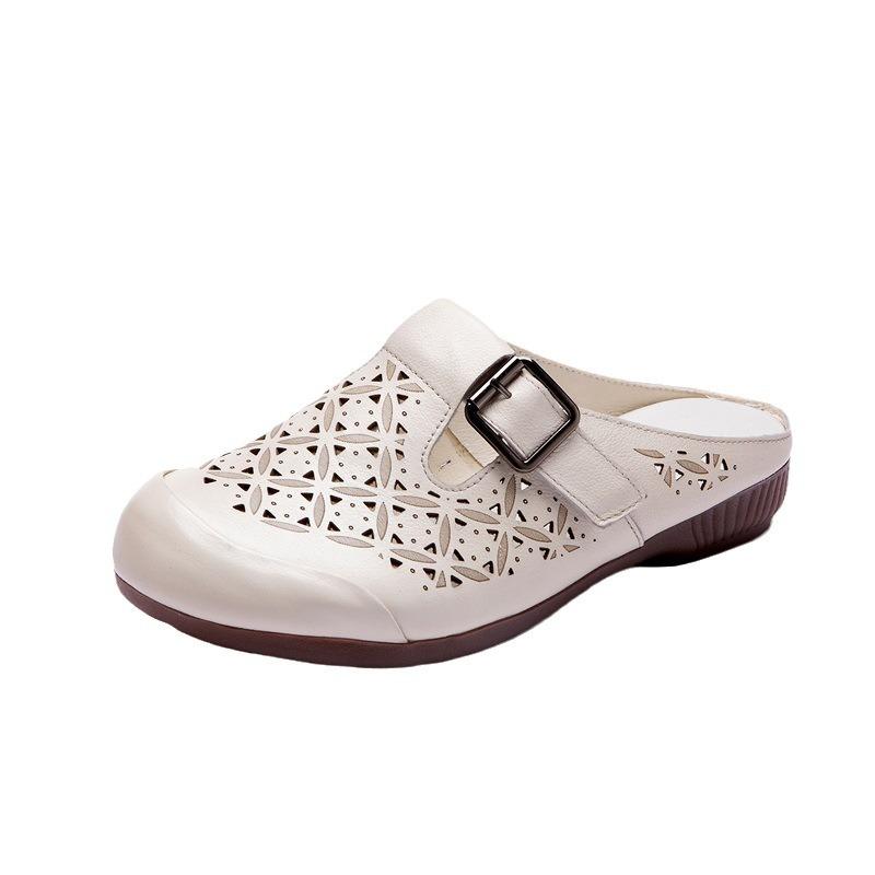 Fashion GKTINOO Summer Women's Slippers Genuine Leather Mom Shoes Hollow Flat Heel Slippers For Women Retro Sandals Female Shoes