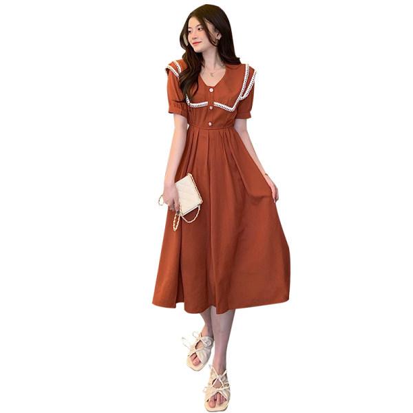 Dámské letní francouzské retro krajkové šaty s krátkým rukávem áčkového střihu s límečkem a pasem zeštíhlujícím postavu ve stylu Hepburn.