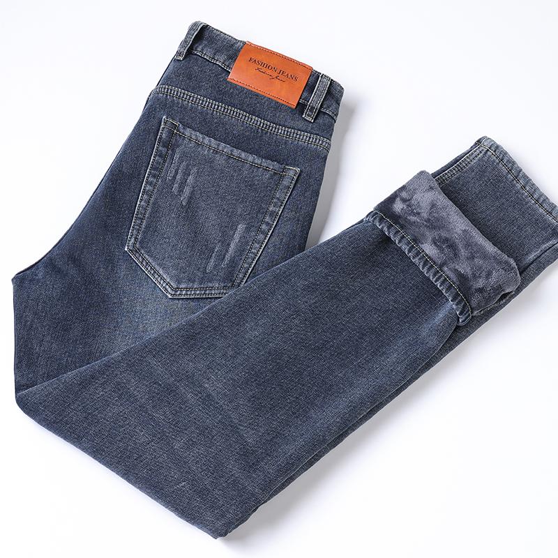Winter Fleece Jeans Men's Fashion Elastic Slim Straight Warm Trousers Thicken Business Casual Korean Thermal Denim Pants