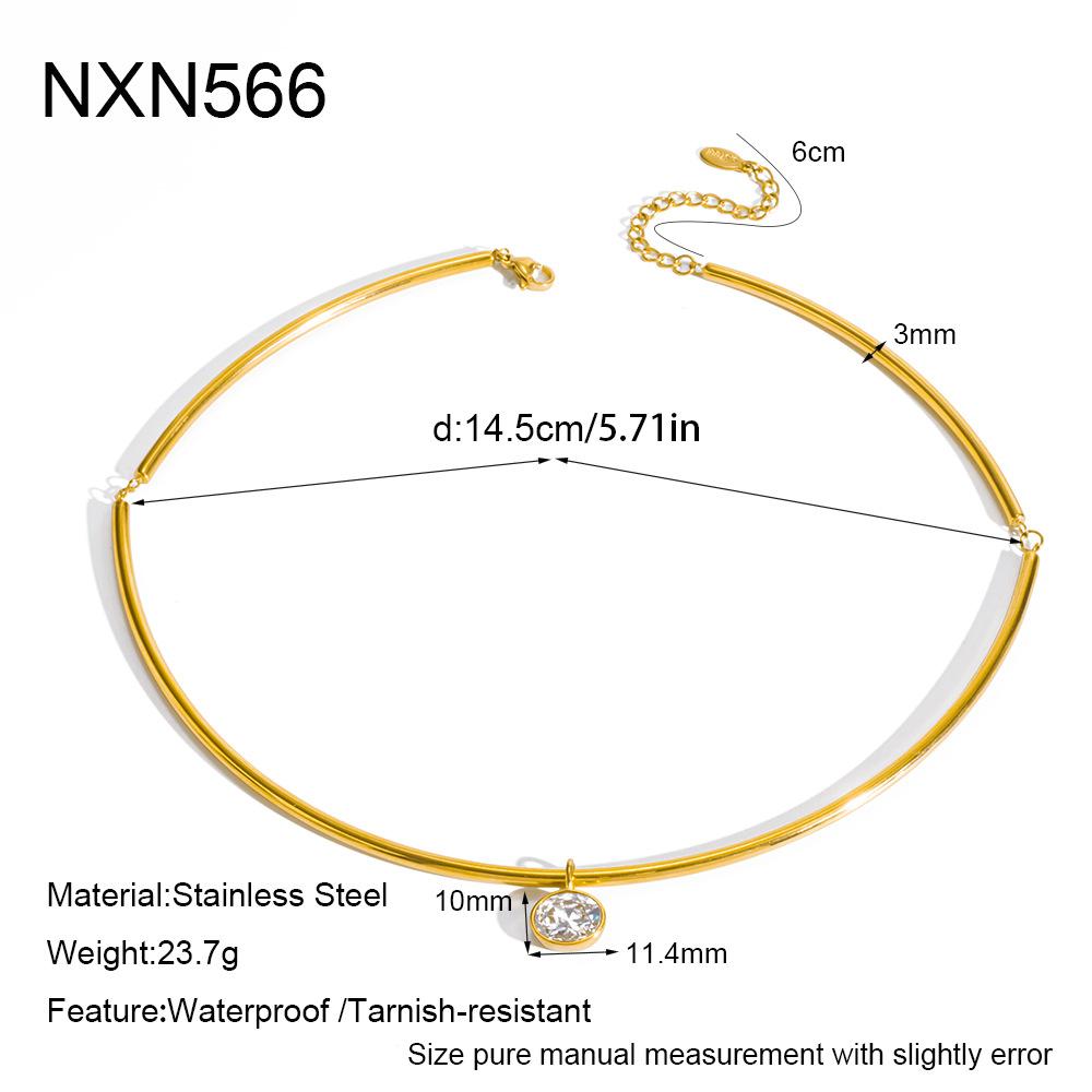 ins simple and fashionable water drop geometry single zircon pendant necklace round tube splicing collar stainless steel jewelry