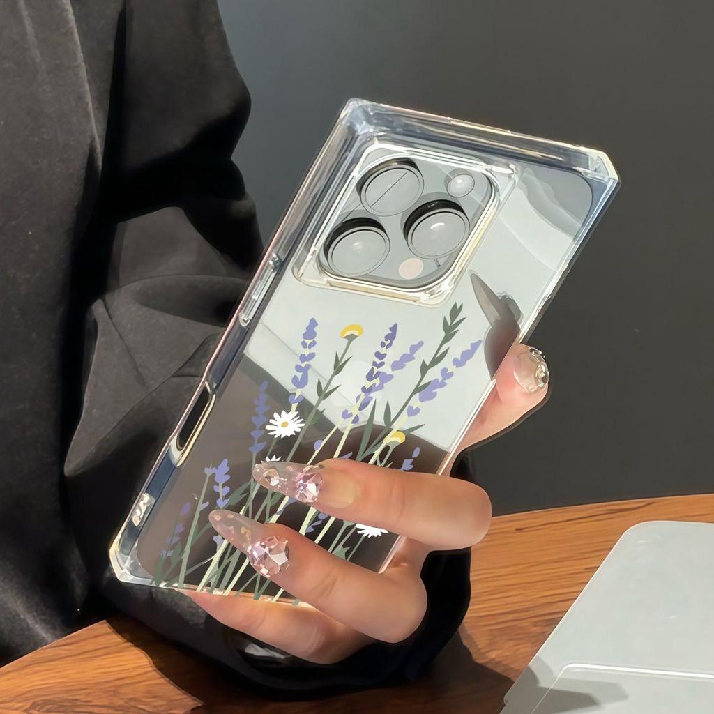 Clear Square Back Tube Case Protection For iPhone 16 ProMax 14 Pro Max 15 Plus 11 12 13 Anti-Oxygen,Small Fresh Flowers Pattern Casing